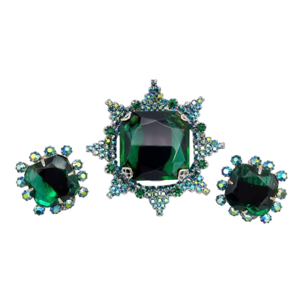 Vintage Black & Green Art Glass & Green AB Rhinestone Brooch & Clip Earrings Set